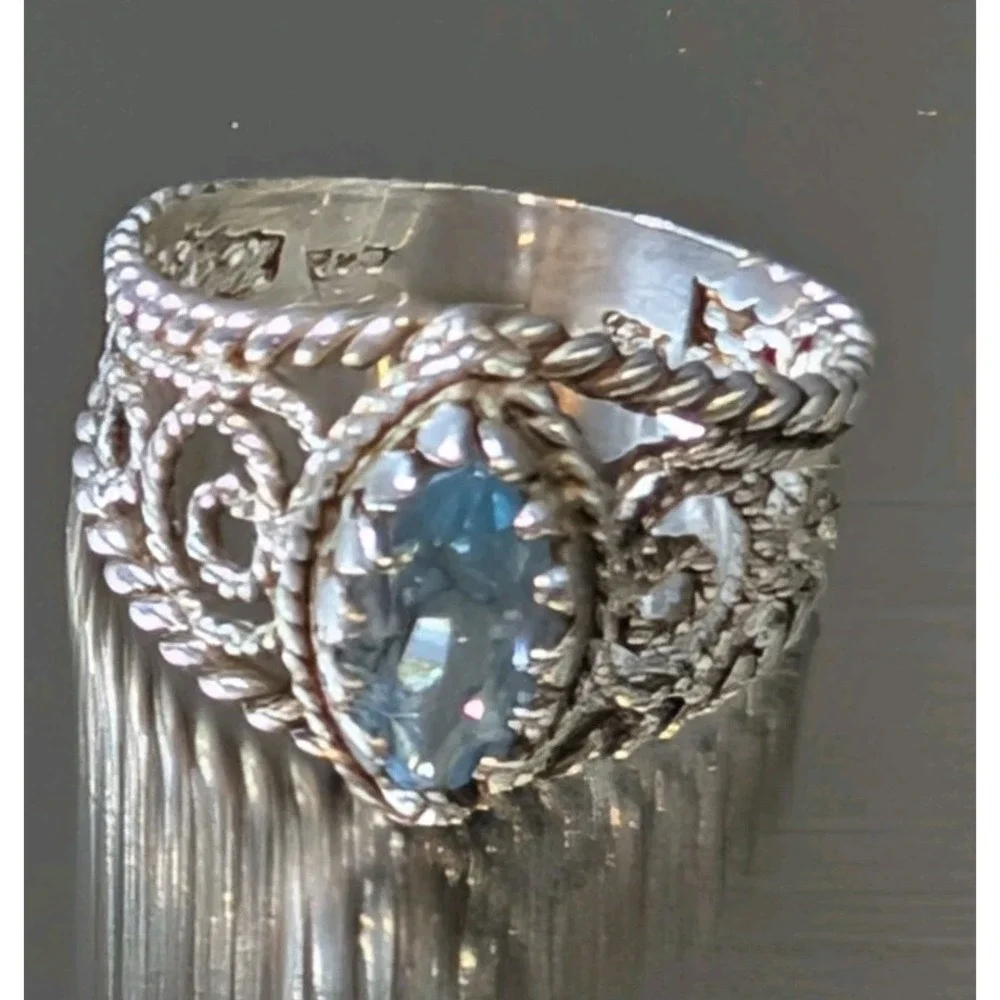 Chateau d'Argent 925 Sterling Silver Blue Topaz Marquise Ornate Ring 7.5